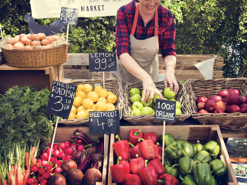 Greengrocer preparing organic fresh agricultural product at farmer market